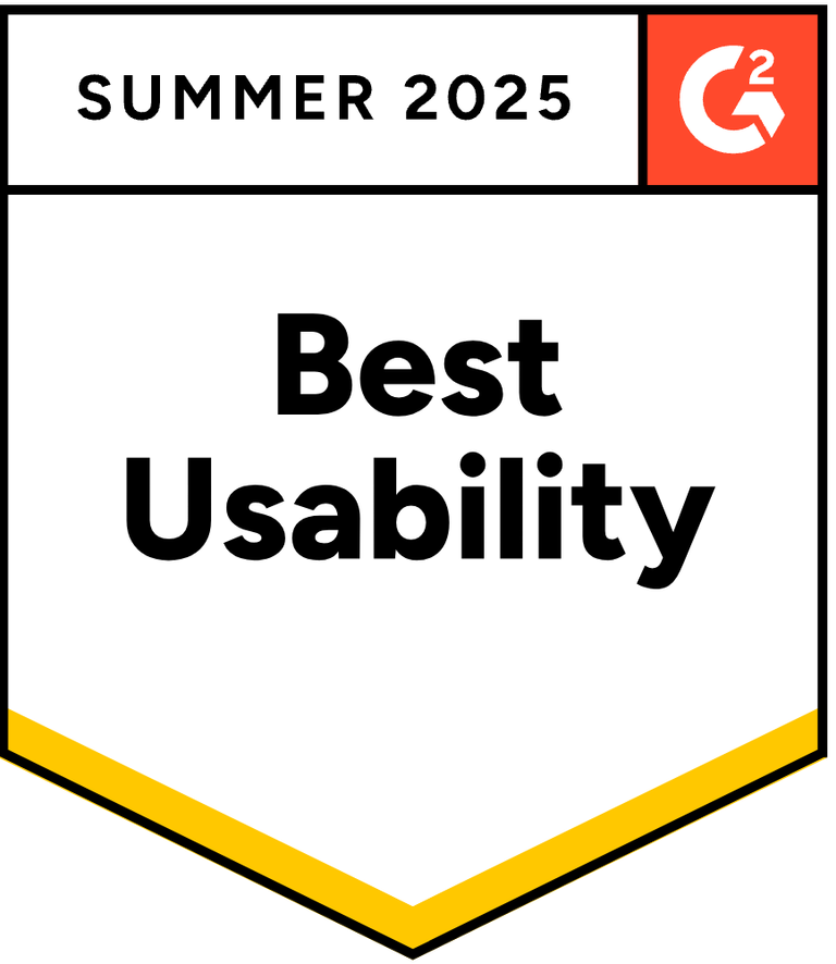 Award badge titled "Best Usability" for Summer 2025. It features a white and orange design with a G2 logo, conveying achievement and excellence.