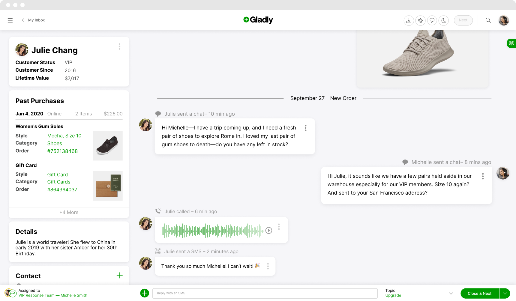 Chat interface displaying a conversation with a customer named Julie Chang, discussing shoe availability for an upcoming trip. The tone is friendly and helpful.