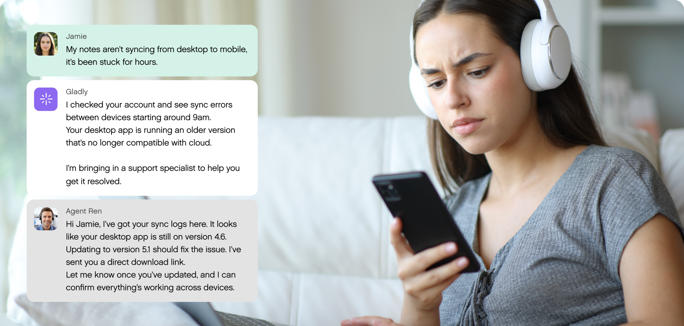 A concerned woman wearing headphones looks at her phone. Three chat messages discuss a syncing issue, diagnostics, and a suggested app update.