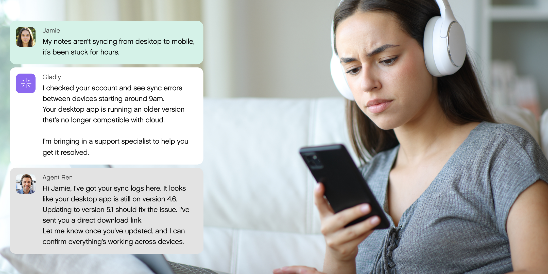 A concerned woman wearing headphones looks at her phone. Three chat messages discuss a syncing issue, diagnostics, and a suggested app update.