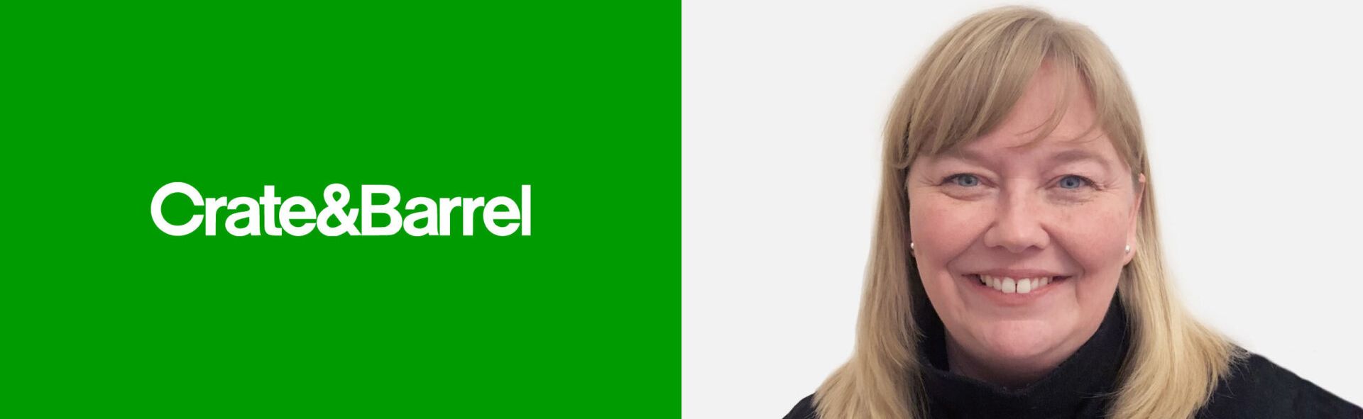 Kate Showalter next to a Crate & Barrel logo