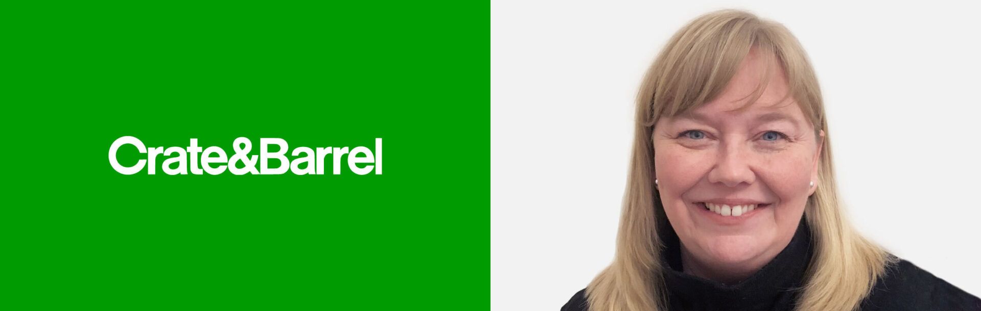 Kate Showalter next to a Crate & Barrel logo