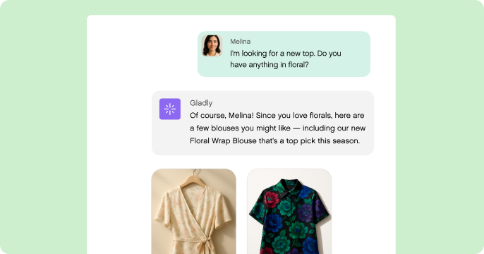 A chat between Melina and Gladly about floral tops, with images of blouses. The tone is helpful, showcasing a variety of vibrant floral patterns.