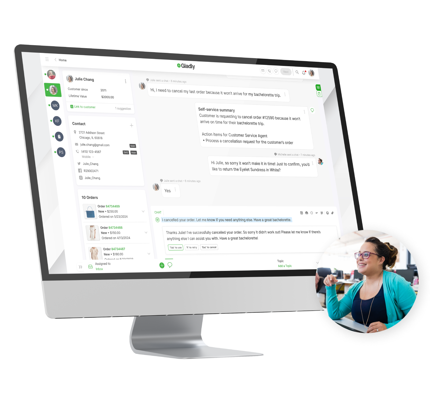 A computer screen displays a customer service chat interface with user info and order history. A smiling woman in a turquoise cardigan is pictured in an inset.