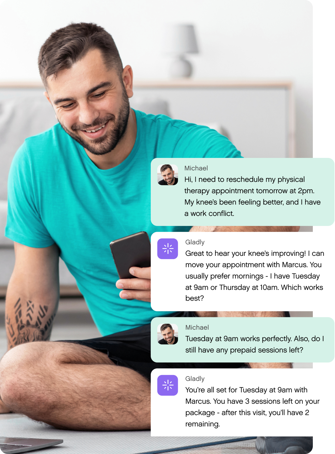 A man sits cross-legged, smiling at his phone with chat bubbles next to him. He's discussing rescheduling a physical therapy appointment.