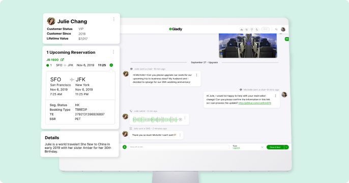 User profile of Julie Chang shows VIP status and a $7,017 lifetime value. Includes an upcoming flight from SFO to JFK. Chat requests business class upgrade.