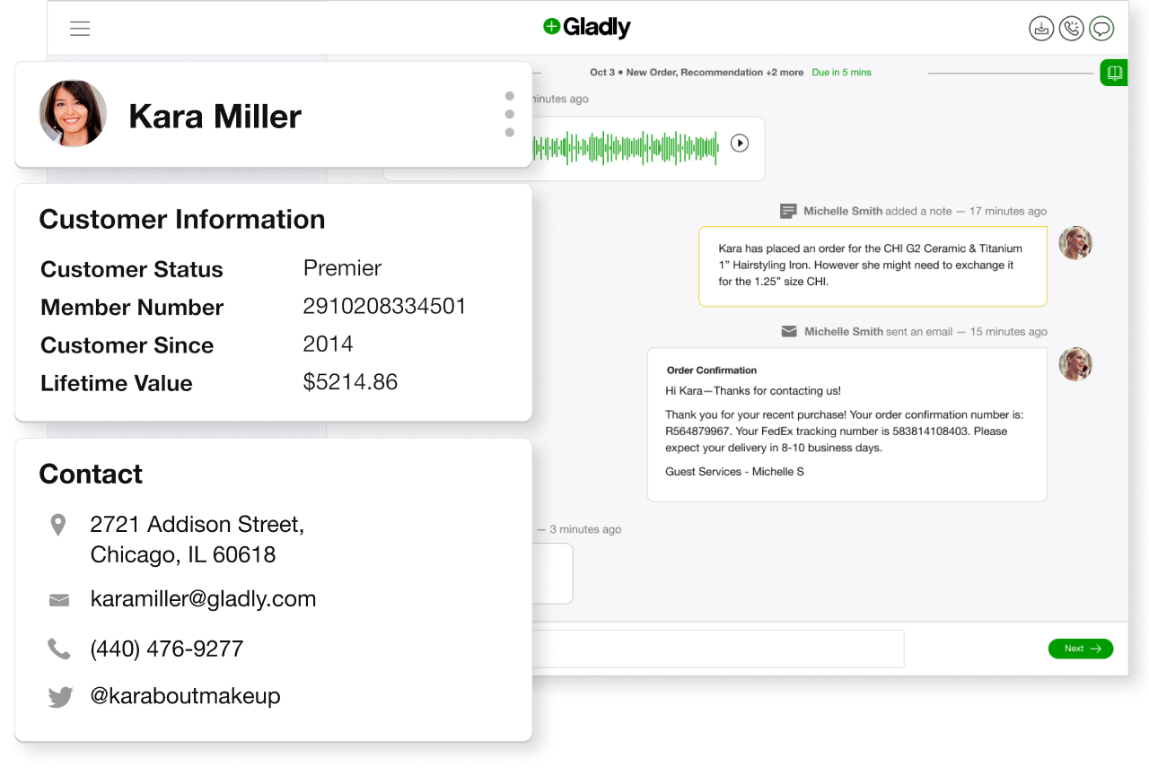 Example of customer information and chat in Gladly software