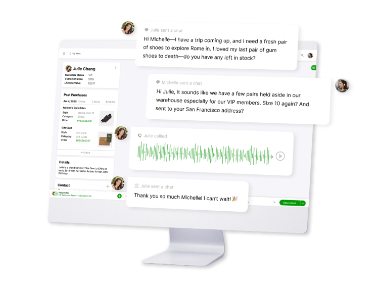 A computer screen displays a customer service interface with chat messages and an audio file. It shows friendly exchanges about shoe availability, creating a helpful and engaging tone.