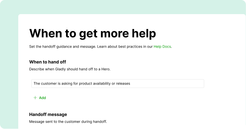 A website section titled 'When to get more help' with instructions on setting handoff guidance. Includes a 'When to hand off' field and 'Handoff message' description.