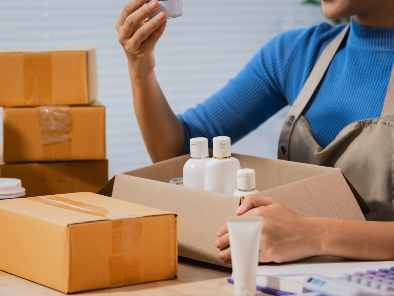 Small business owner packing a set of matching skincare bottles into a shipping box at her desk