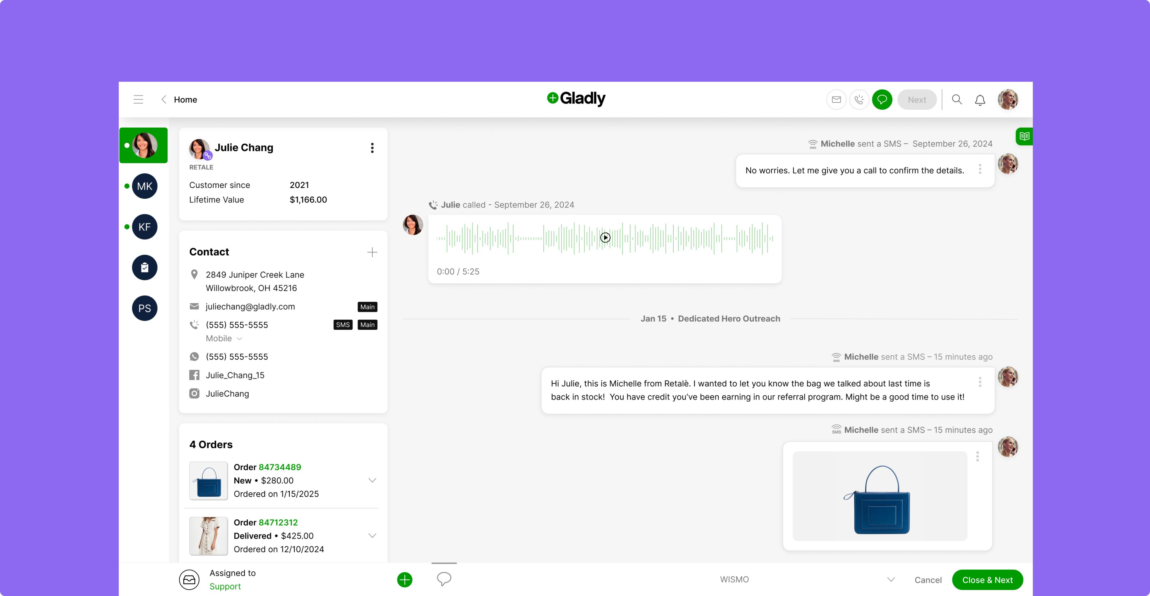 The image shows a purple-themed customer service interface from Gladly. It displays a chat with audio messages, customer details, and recent orders.