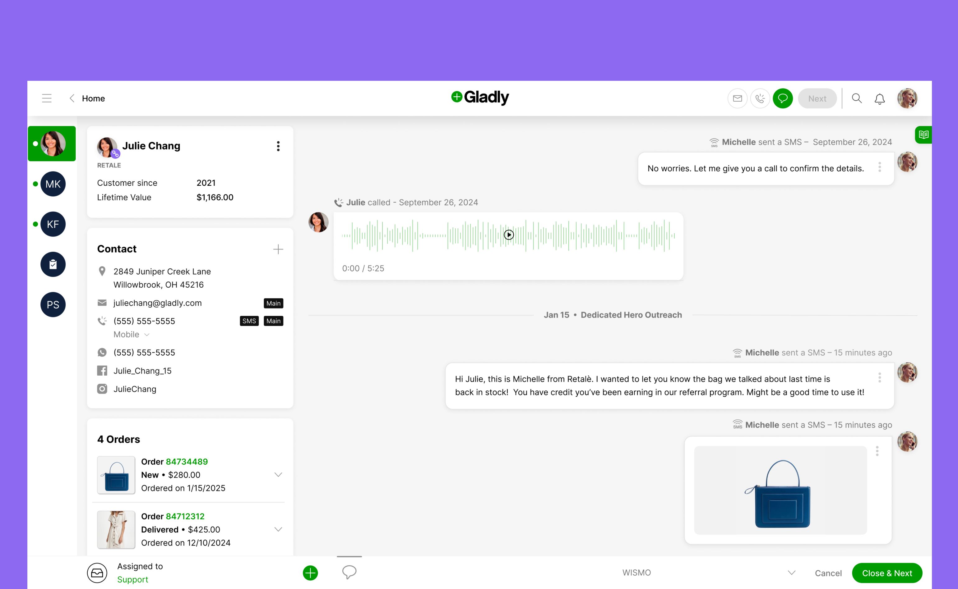The image shows a purple-themed customer service interface from Gladly. It displays a chat with audio messages, customer details, and recent orders.