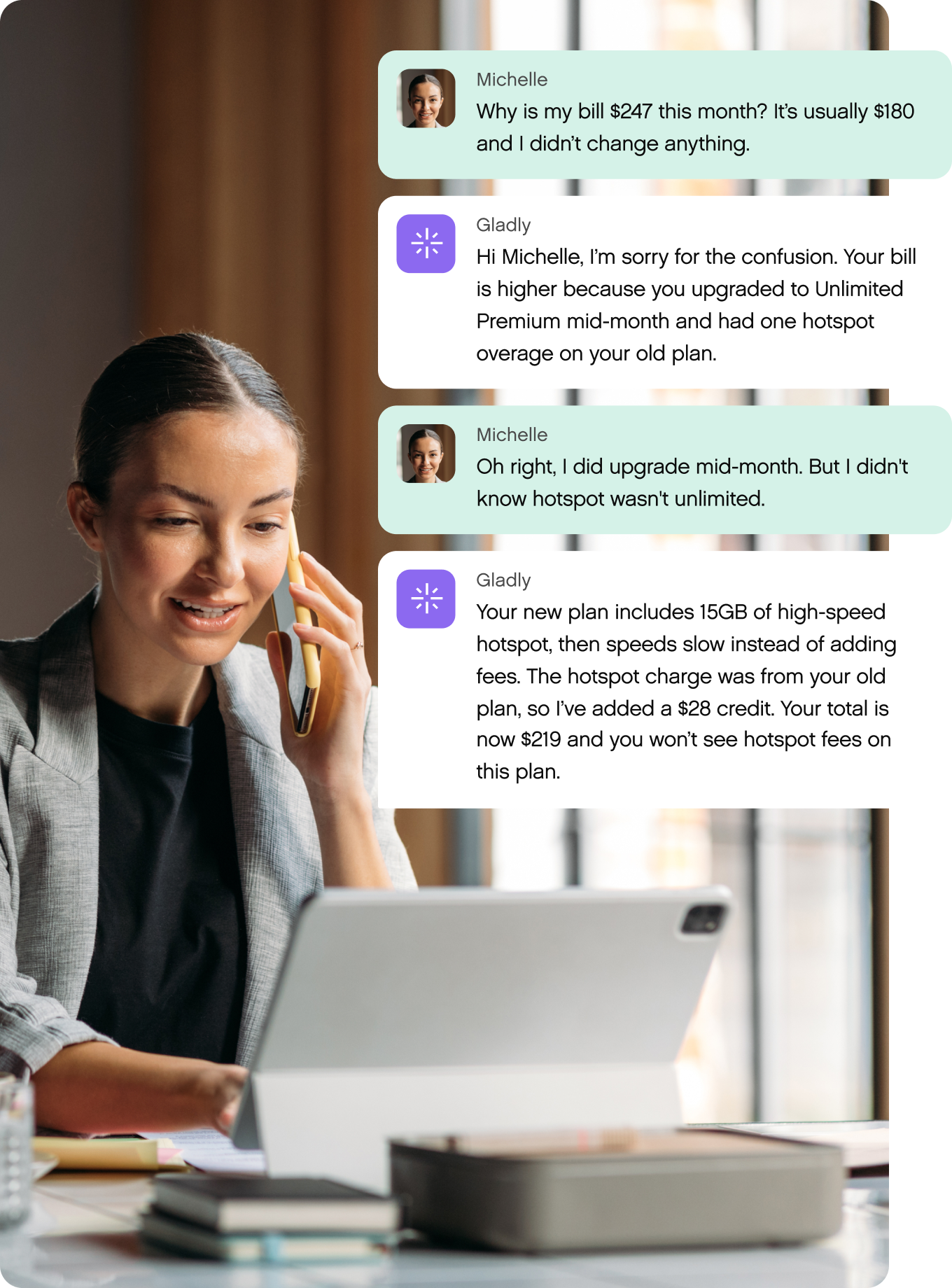 A woman in a blazer talks on the phone while using a laptop. Chat bubbles overlay, discussing a phone bill issue, an upgrade, and data charges. The tone is informative.