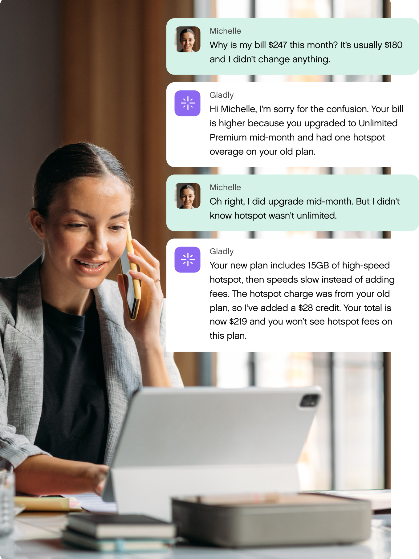 A woman in a blazer talks on the phone while using a laptop. Chat bubbles overlay, discussing a phone bill issue, an upgrade, and data charges. The tone is informative.