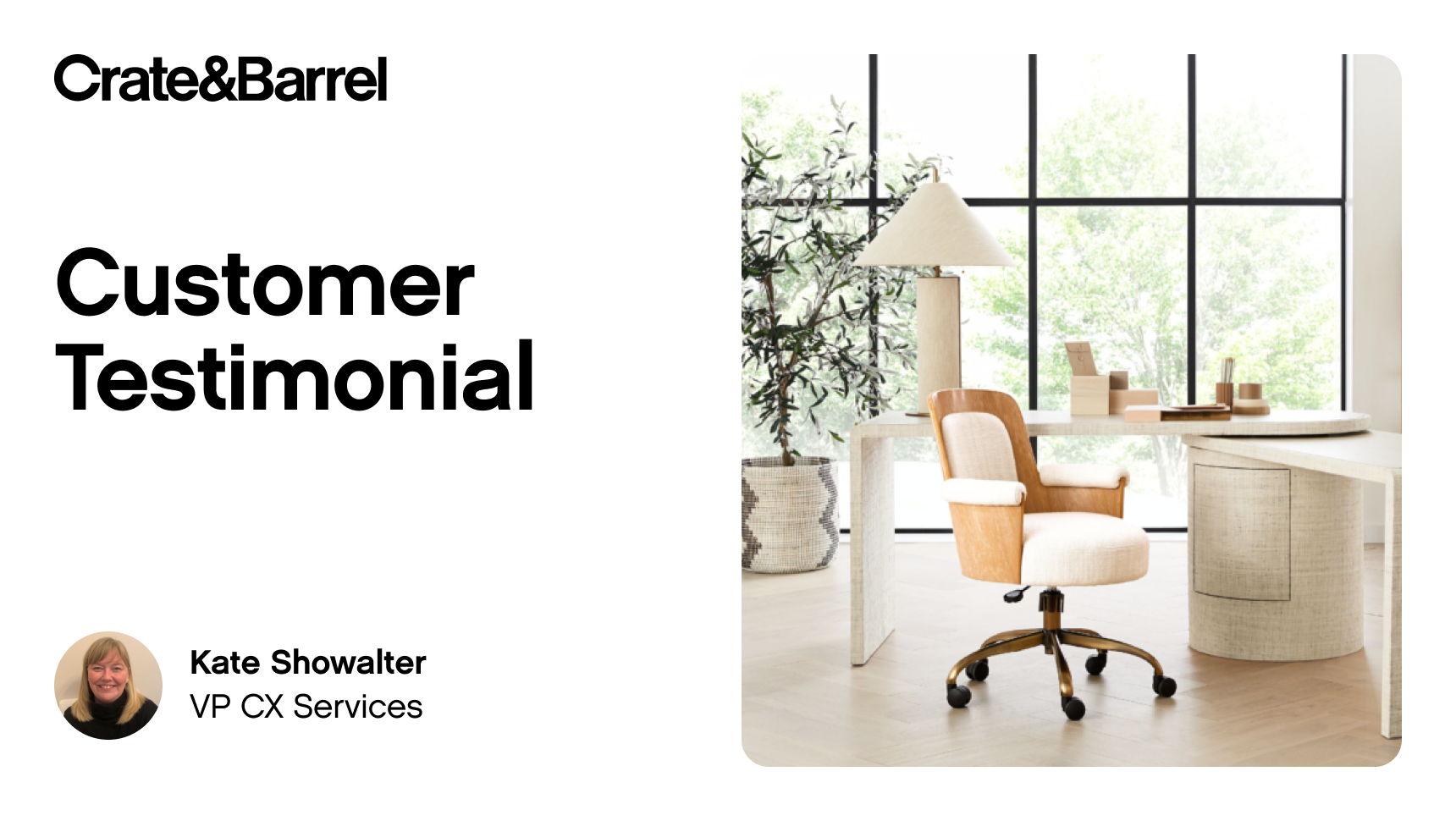 Customer testimonial featuring a modern home office setup with a wooden chair and desk. Bright, natural light filters through large windows, creating a serene atmosphere.