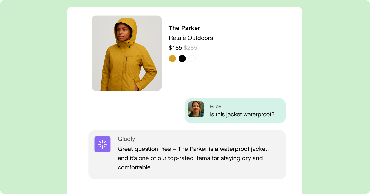 A person wearing a mustard yellow jacket is shown. Text details the jacket: "The Parker, Retail₤ Outdoors, $185 from $285." Colors: mustard, black, white. A chat confirms it's waterproof and highly rated.