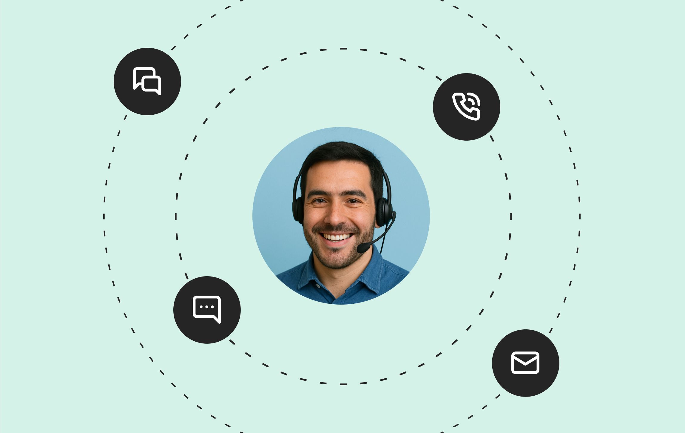 Smiling man with a headset, surrounded by icons representing chat, phone, text, and email on a light blue background with dotted circles.