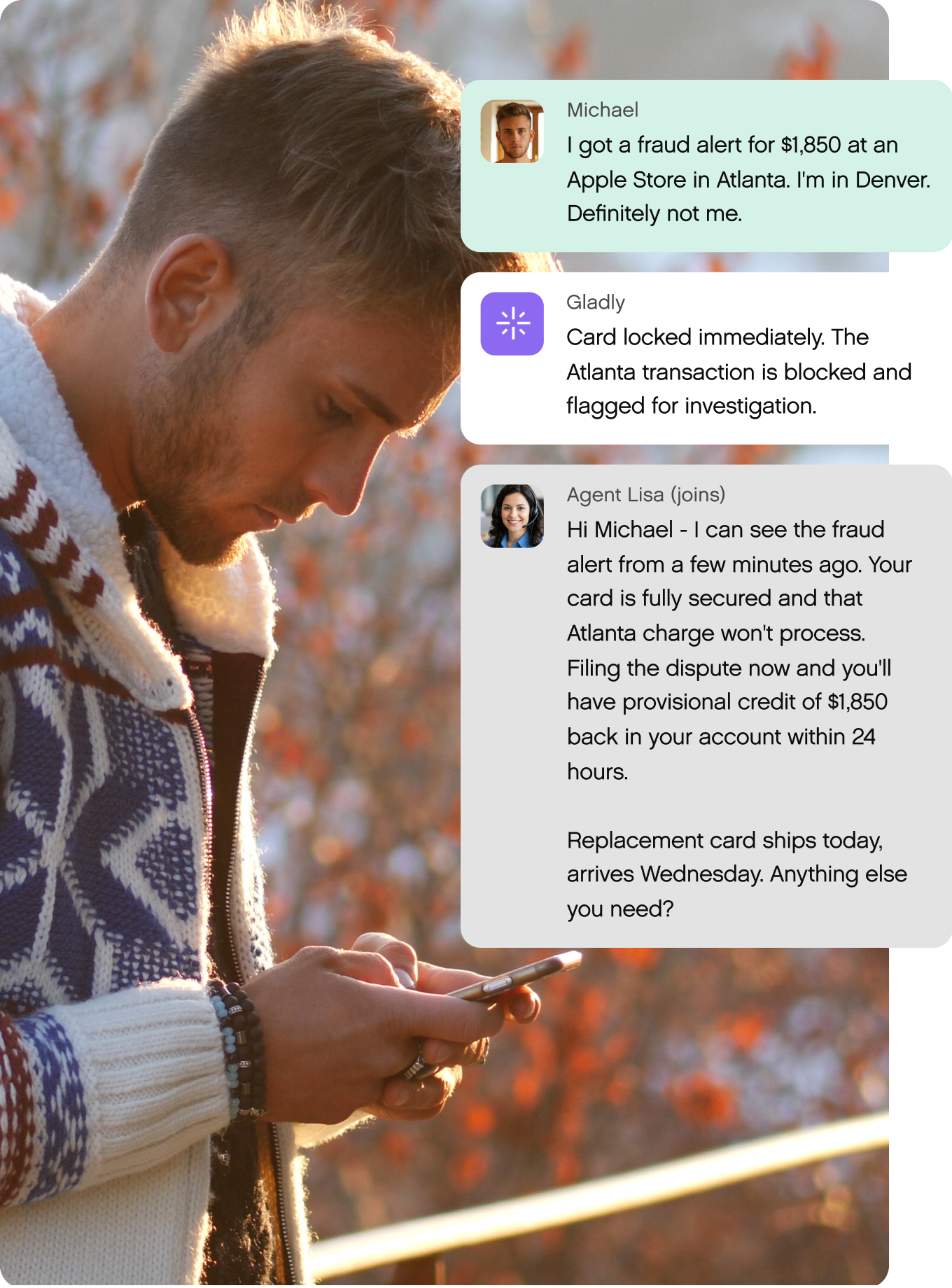 Young man using a smartphone outside, wearing a patterned sweater. On-screen messages address fraud alert, card locking, and replacement shipping, conveying concern and resolution.