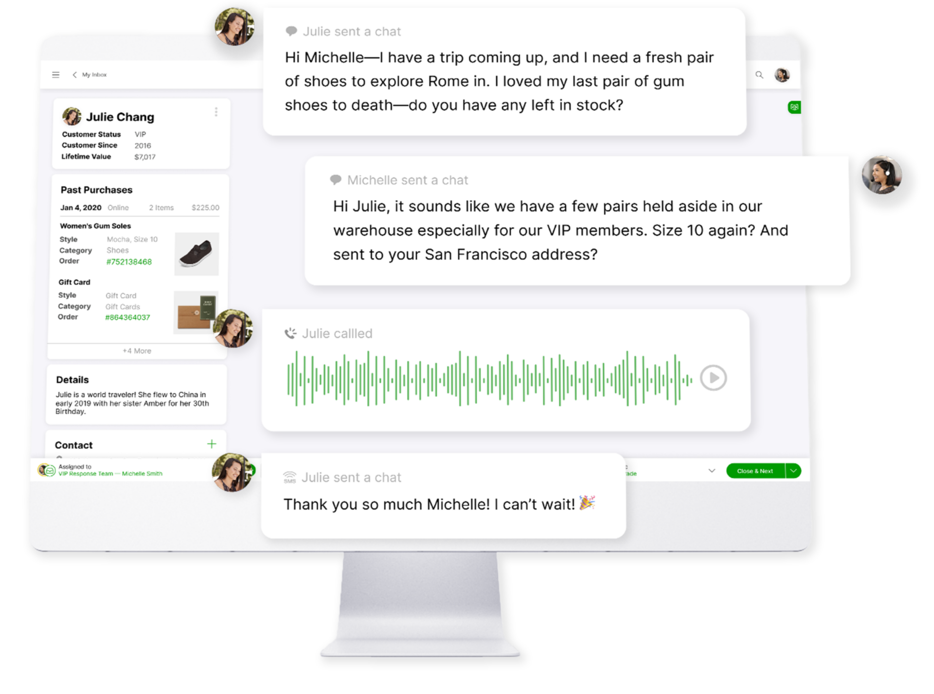 Computer screen displaying a customer support chat interface. Messages between Julie and Michelle discuss ordering new shoes for a trip. The interface includes past purchases, customer details, and a voice message waveform. The tone is friendly and helpful.