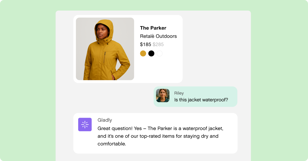 A person wears a yellow hooded jacket titled "The Parker" priced at $185. "Riley" asks if it's waterproof; "Gladly" confirms it is, emphasizing comfort.
