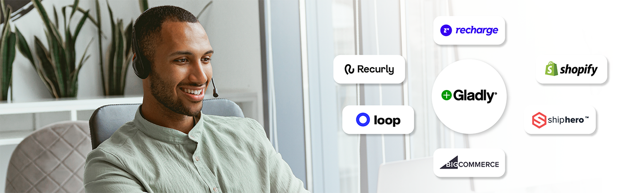 Smiling man with a phone headset. On the right are floating brand logos.