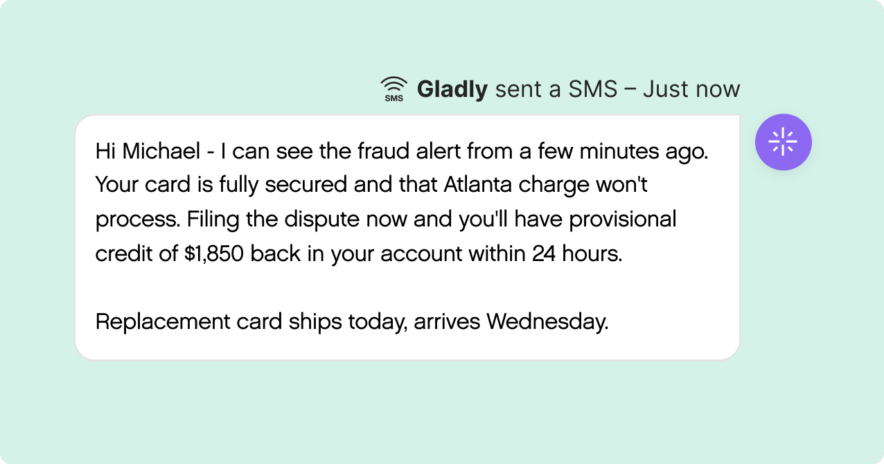 SMS alert notification from Gladly about a fraud alert and secured card. It mentions a provisional $1,850 credit and a replacement card arriving Wednesday.