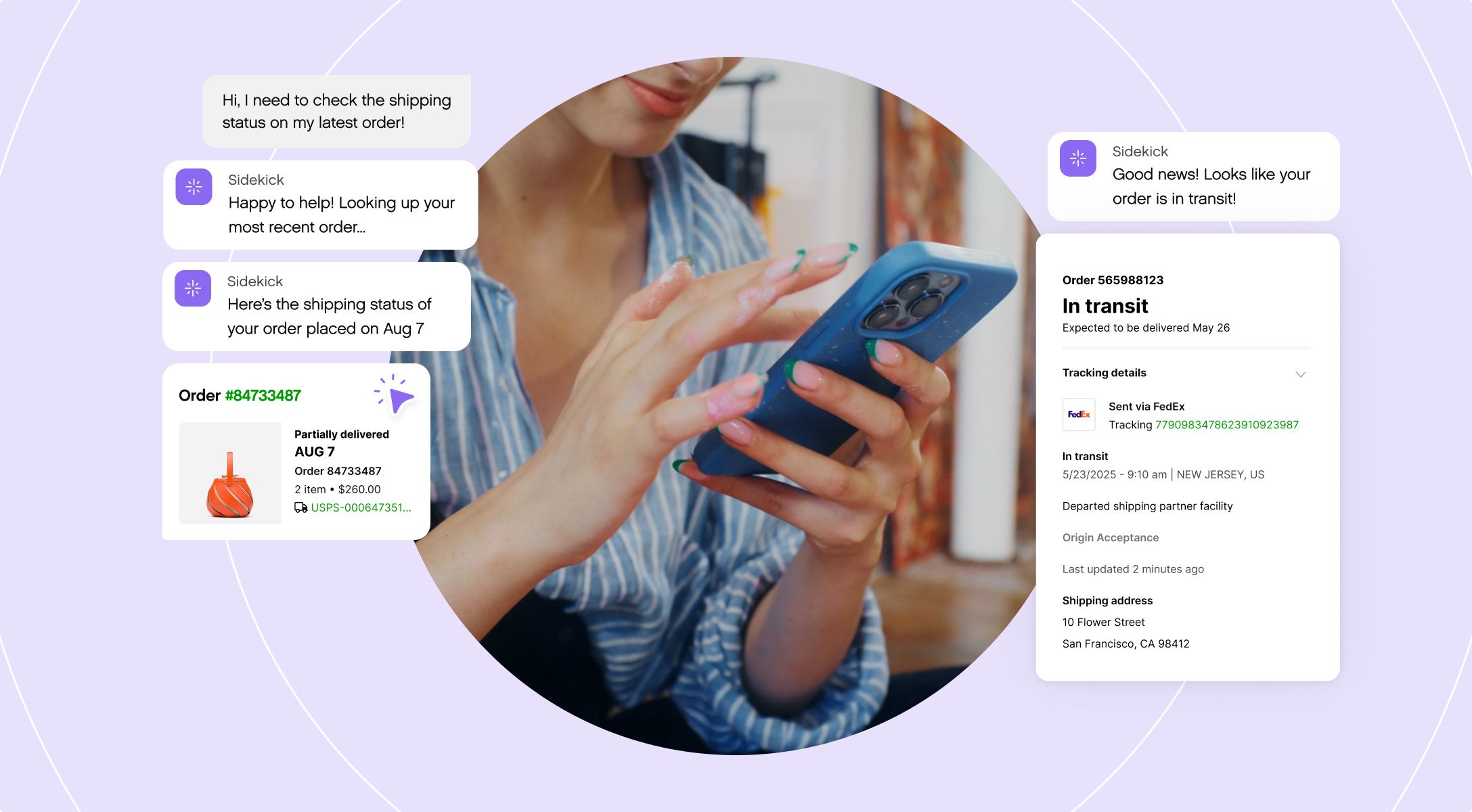 A woman in a blue cardigan and yellow dress smiles as she unpacks sunflowers from a paper bag. Overlaying text shows order updates and tracking info.