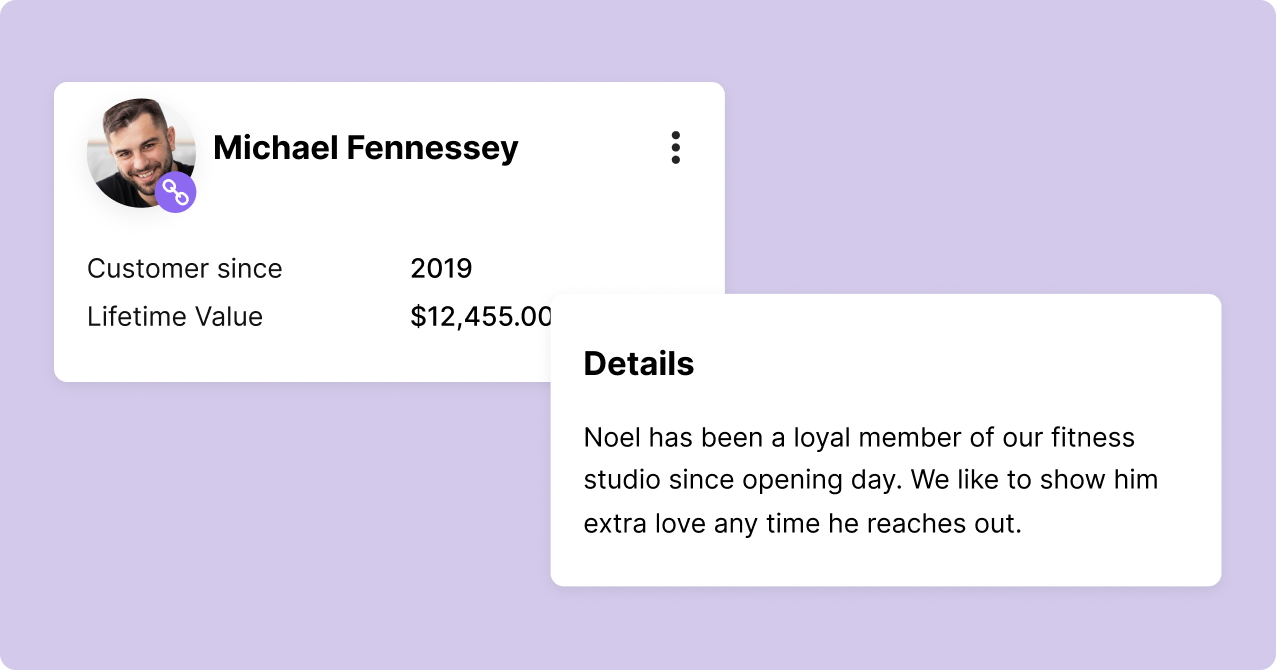 Profile card for a customer named Michael Fennessey, showing their photo, customer since 2019, lifetime value $12,455, and loyalty details.
