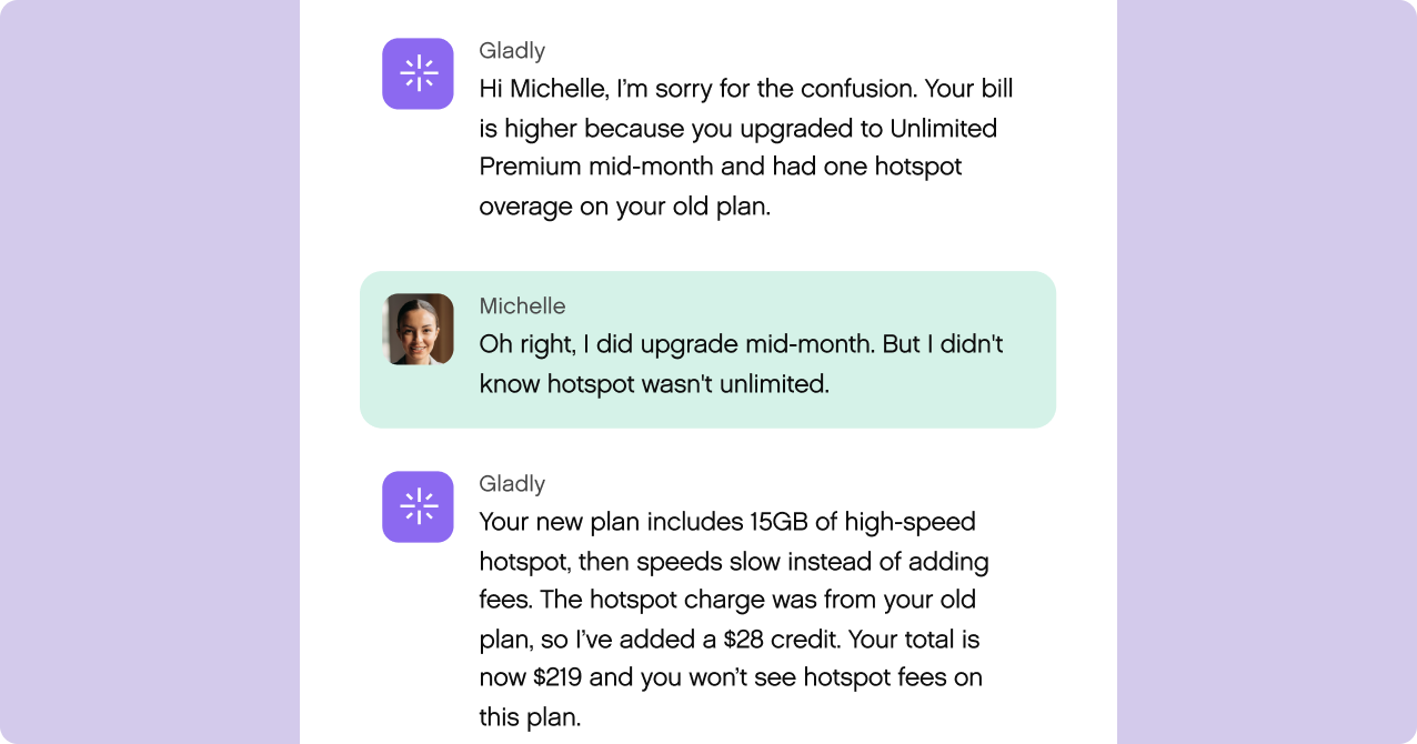 A chat exchange between a service rep and a customer. The agent explains a bill increase due to a mid-month plan upgrade. A credit is issued to resolve a hotspot charge.