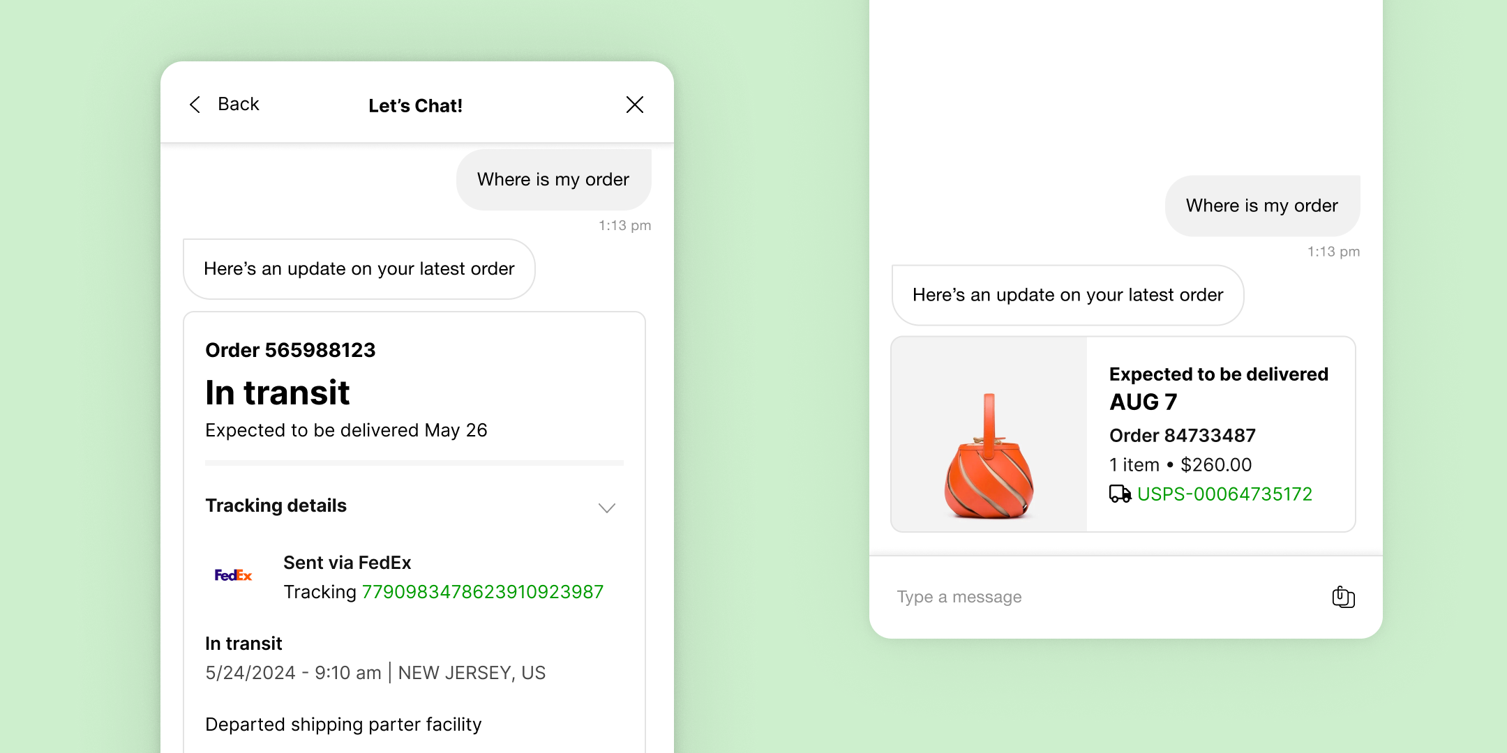 Two screenshots of a chat interface on a light green background. The left shows a FedEx update on an order in transit, arriving May 26. The right shows an update for a package expected August 7.