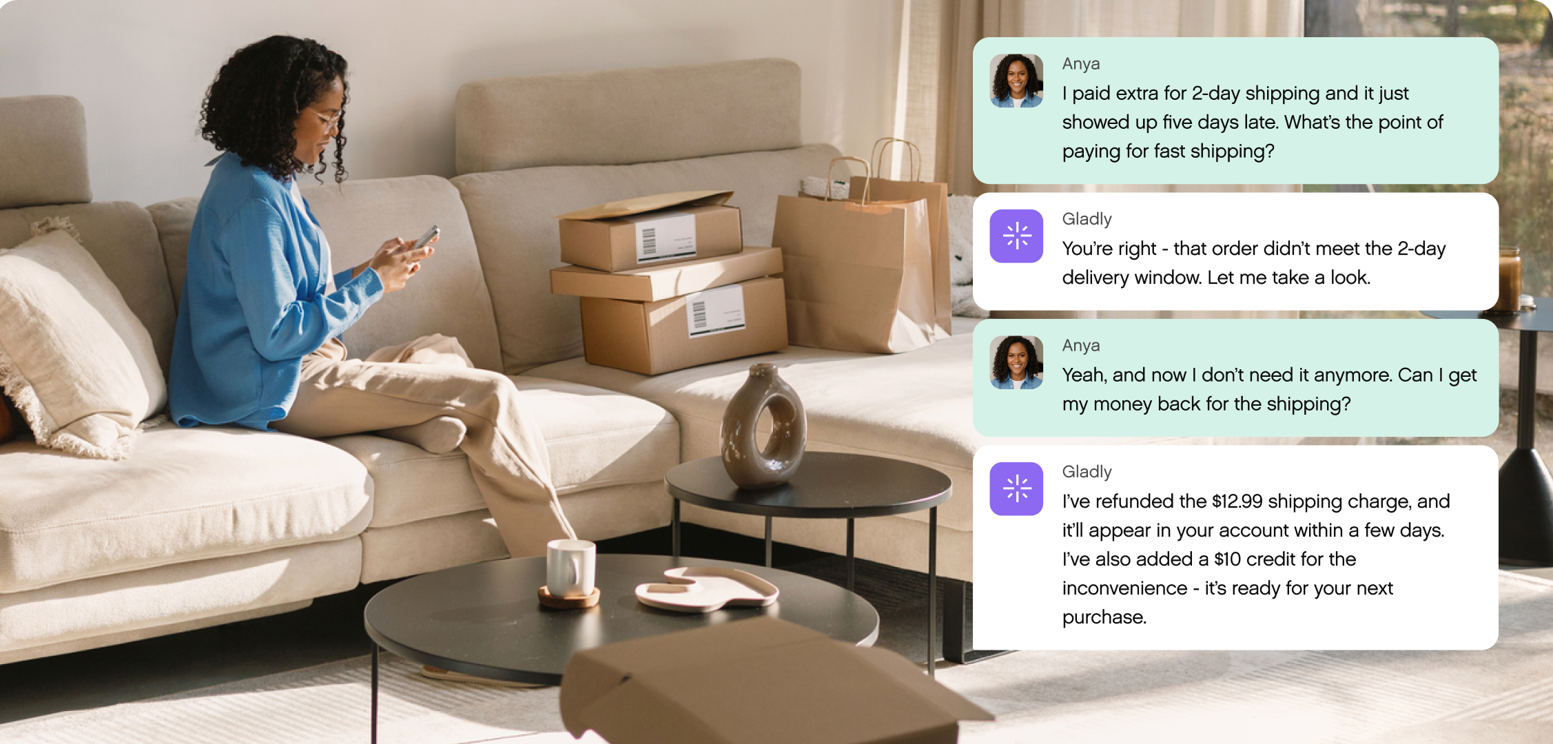 A woman sits on a sofa, using a smartphone. Nearby are packed boxes. Chat messages on the right show a conversation about resolving a wrong clothing size order.