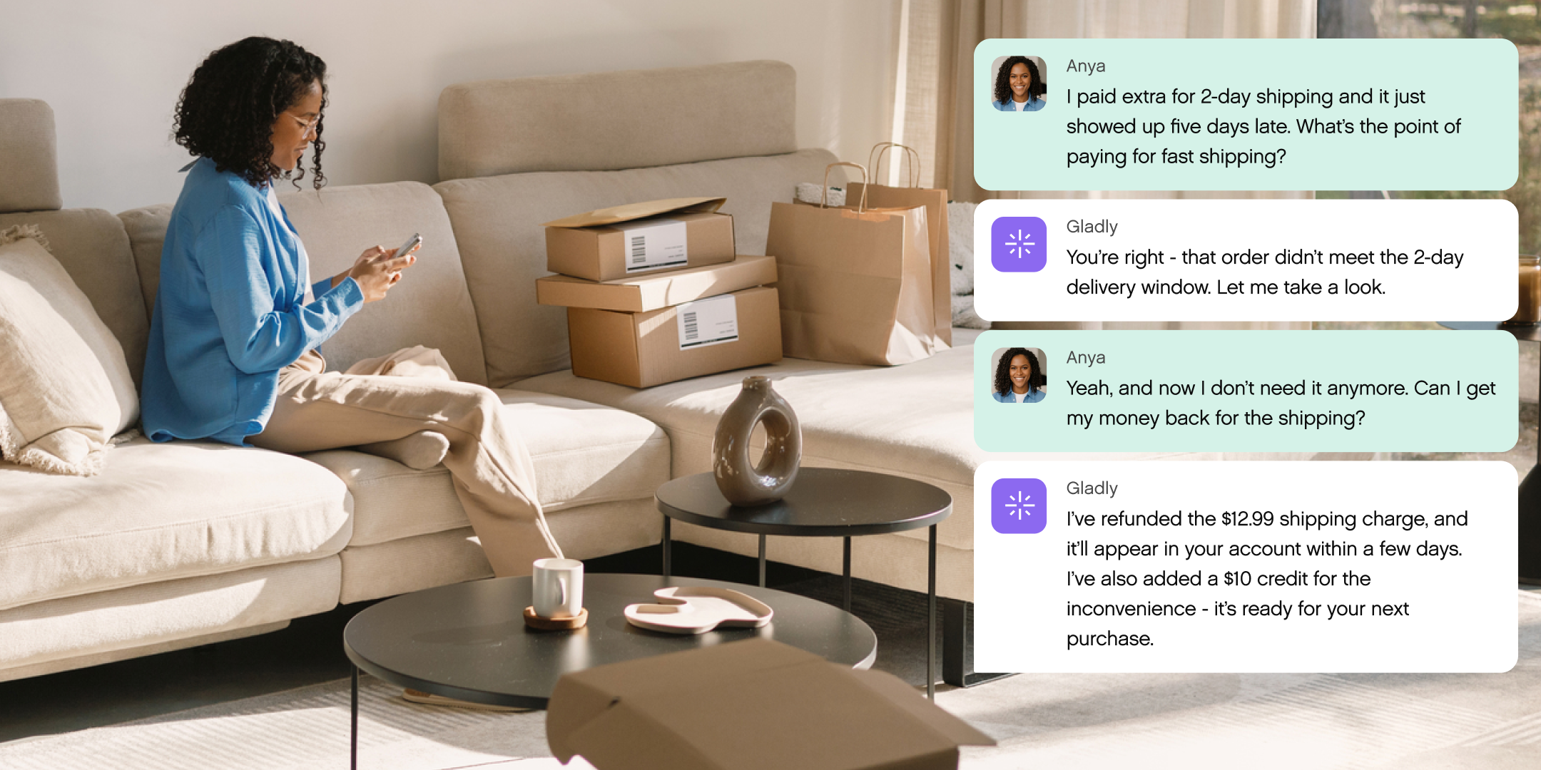 A woman sits on a sofa, using a smartphone. Nearby are packed boxes. Chat messages on the right show a conversation about resolving a wrong clothing size order.