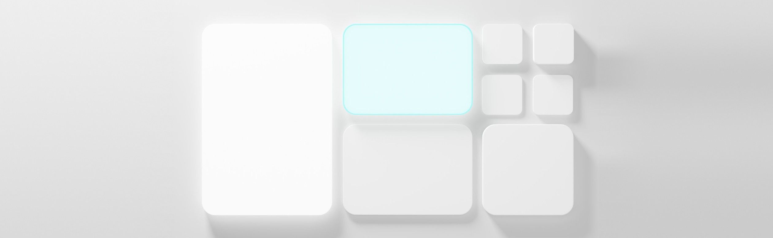 Grid of white modular tiles in different sizes, with one tile highlighted in teal to represent a swappable service in a composable commerce stack.