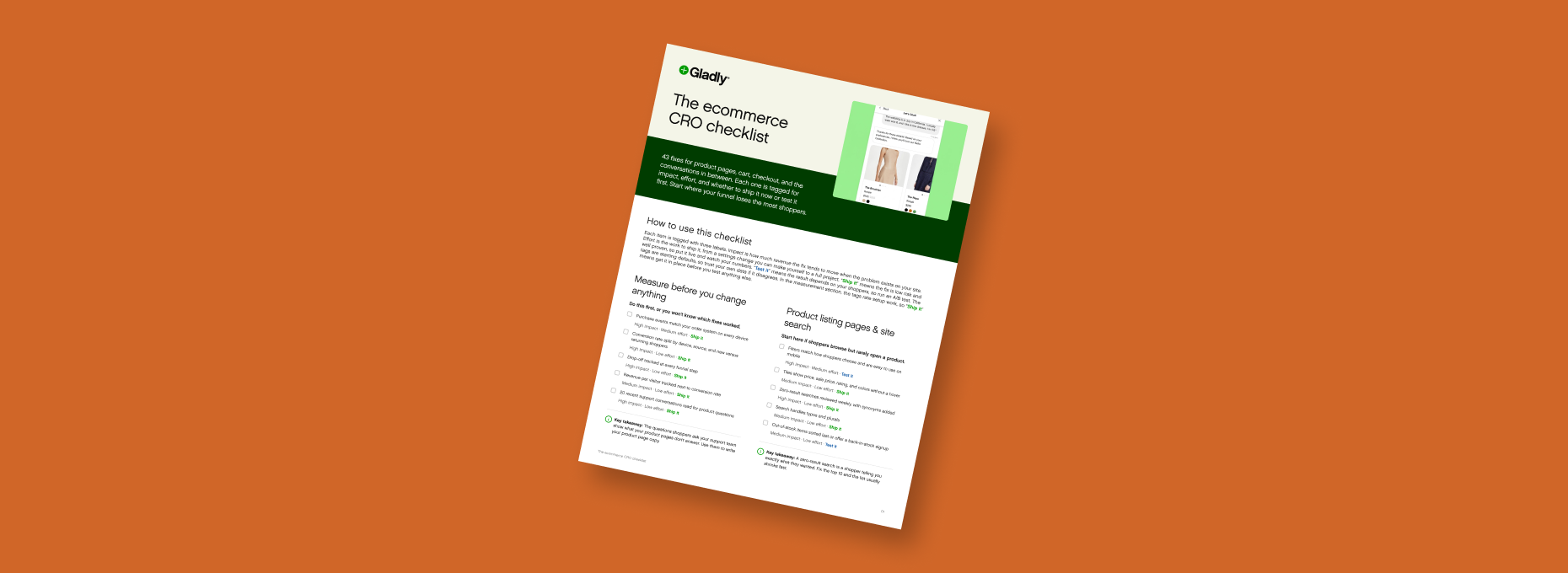The first page of Gladly's ecommerce CRO checklist, tilted on an orange background, showing the title, a shopping assistant chat recommending two dresses, and the first checklist sections.