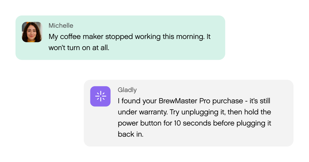 Chat exchange between Michelle and a support service. Michelle reports her coffee maker isn't working. The service advises warranty info and a reset step.