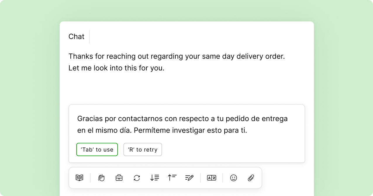 Chat interface with a message about same-day delivery in English and its Spanish translation. The background is light green, and the tone is professional.