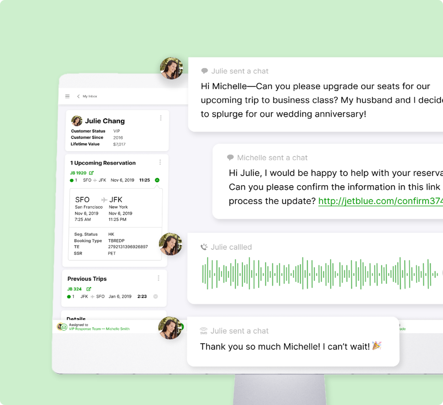 A screen showing a chat between Julie and Michelle about upgrading seats for a trip. Julie, a VIP customer since 2016, requests an upgrade for a wedding anniversary. Michelle provides a link for confirmation. The tone is friendly and celebratory.