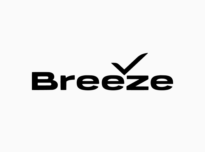 The image shows a black logo on a white background with the word "Breeze." The "z" is stylized to form a check mark. The design conveys simplicity and affirmation.