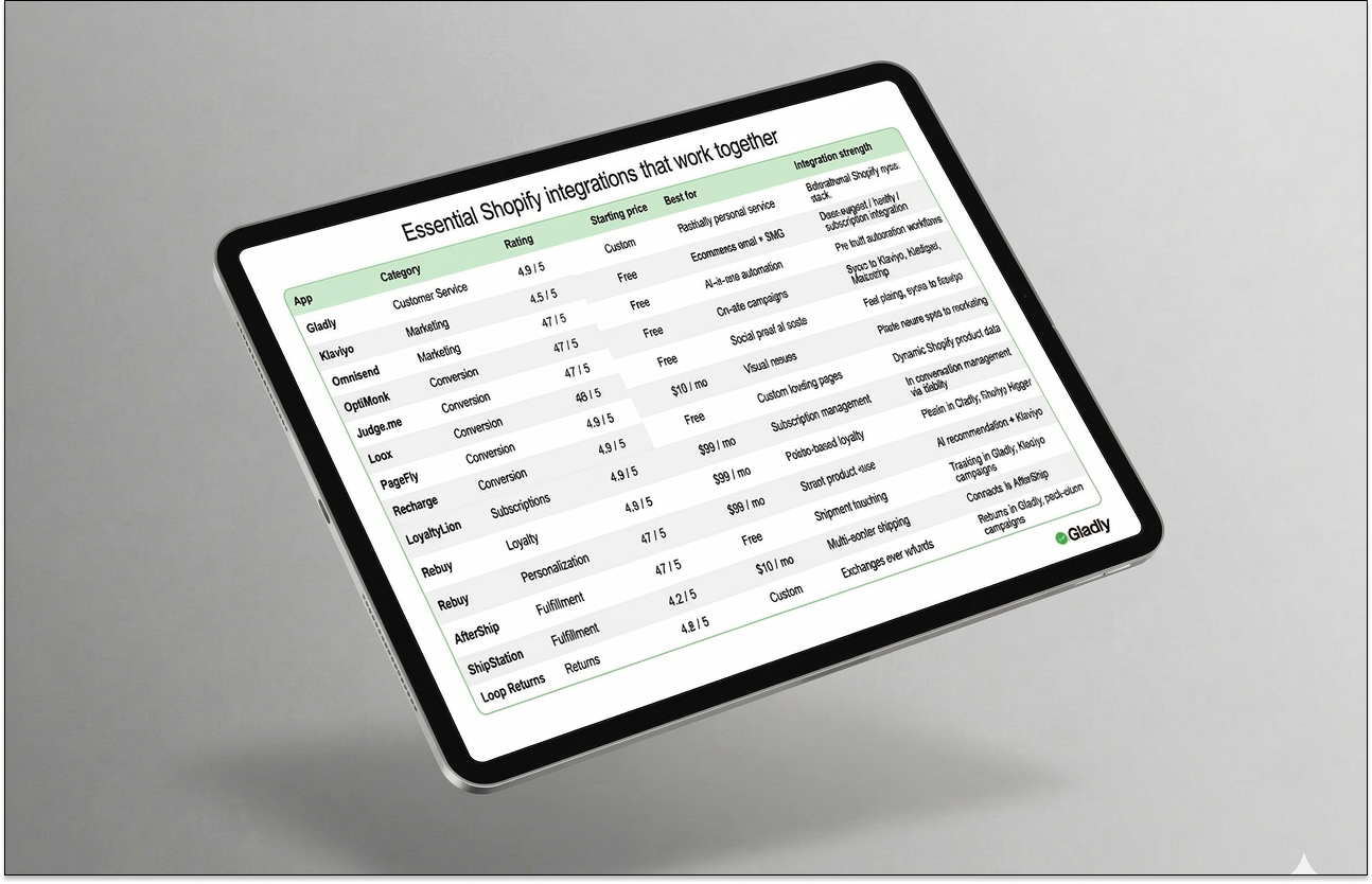 Shopify integrations table image on a tablet