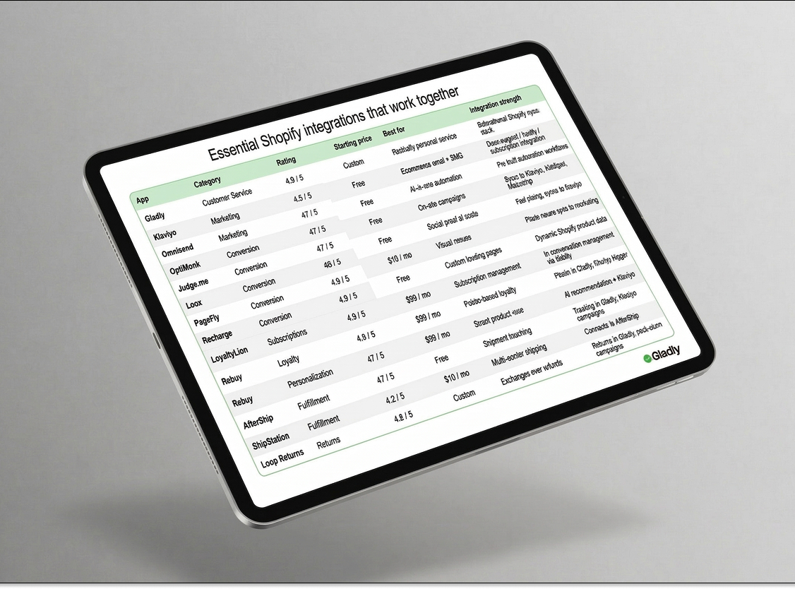 Shopify integrations table image on a tablet