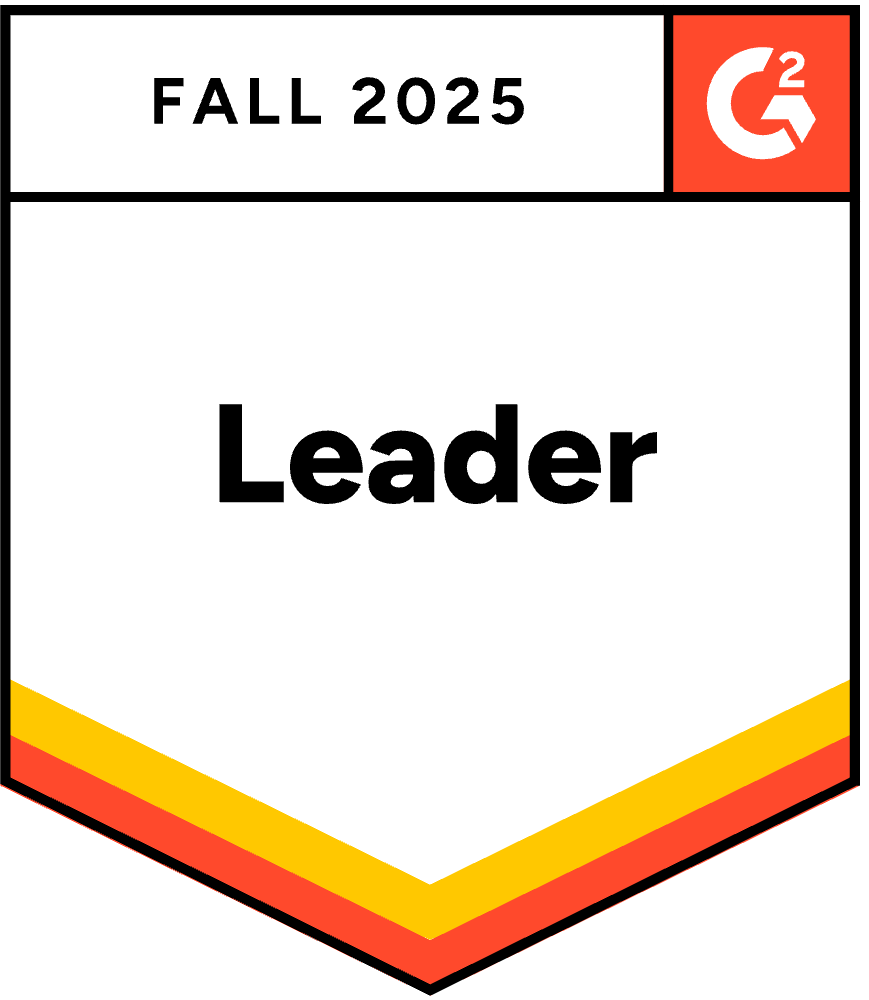 G2 Fall 2025 badge displaying the word "Leader" prominently. The design includes orange and yellow stripes, conveying a sense of achievement.
