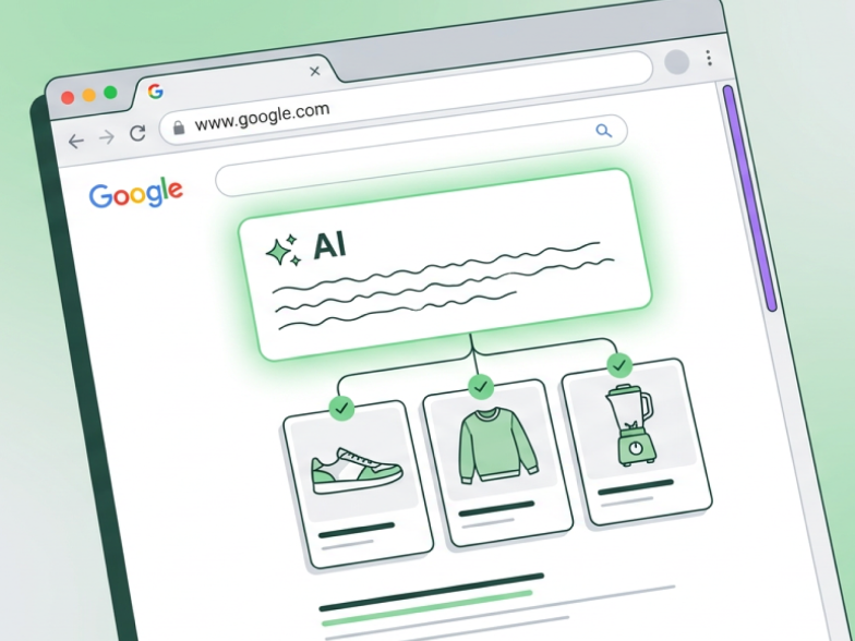 Illustration of a Google search results page with an AI-generated summary box highlighted in green at the top, connected by lines to three product listings below it, each marked with a checkmark to show they were cited in the answer.