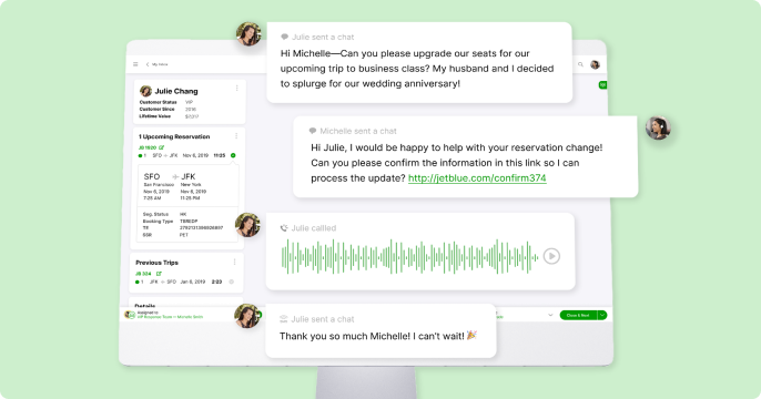 A screen showing a chat between Julie and Michelle about upgrading seats for a trip. Julie, a VIP customer since 2016, requests an upgrade for a wedding anniversary. Michelle provides a link for confirmation. The tone is friendly and celebratory.