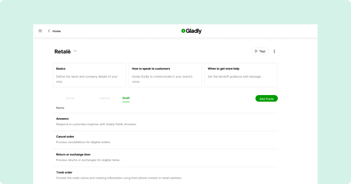 Dashboard interface for "Retalè" with a light green background. Includes sections like "Basics" and "How to speak to customers" with options for drafting responses.