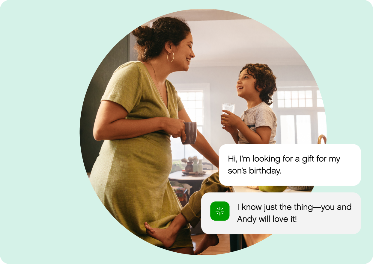 Woman in a yellow sweater using a laptop and credit card, smiling with headphones on. Text reads "7 ways AI-driven service boosts revenue and customer devotion" with Gladly logo.