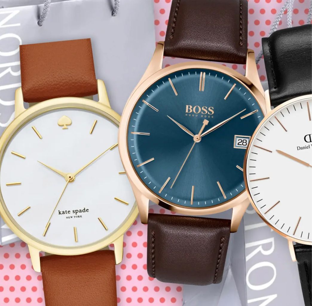 A stylish collage shows three watches. A gold watch with a white face and tan band, a blue-faced watch with a brown band, and a partially visible white watch.