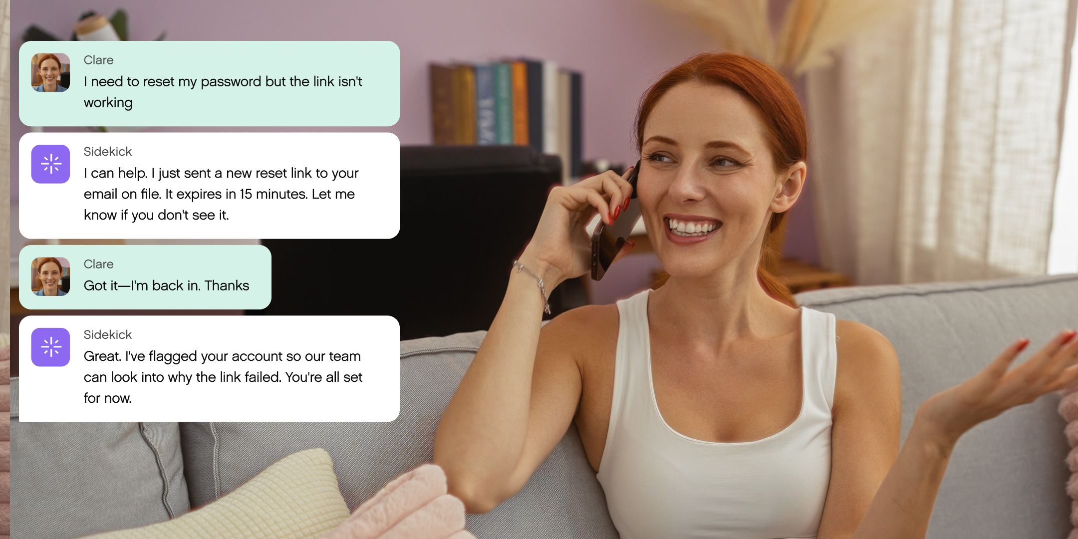 A woman with red hair is sitting on a sofa, smiling while talking on the phone. Chat messages beside her show a successful password reset request.
