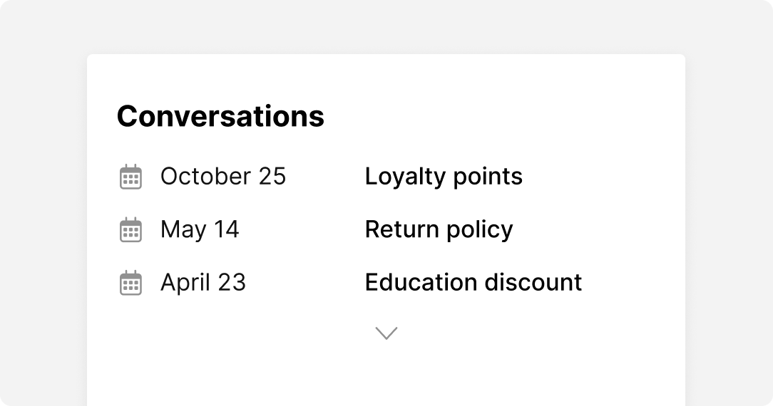 A list titled "Conversations" shows discussion topics alongside dates: October 25 for "Loyalty points," May 14 for "Return policy," April 23 for "Education discount."