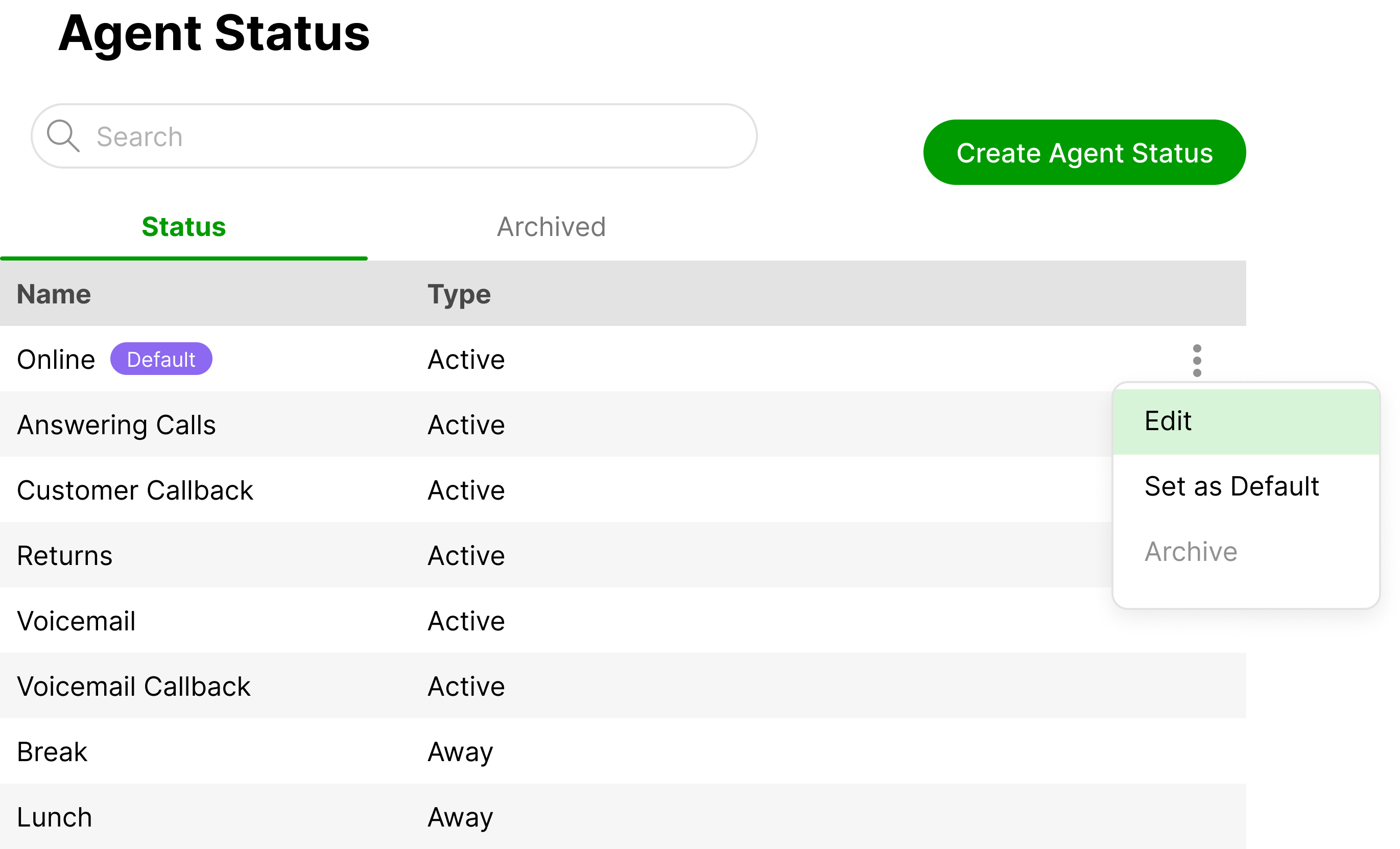 Admin view of Agent Status