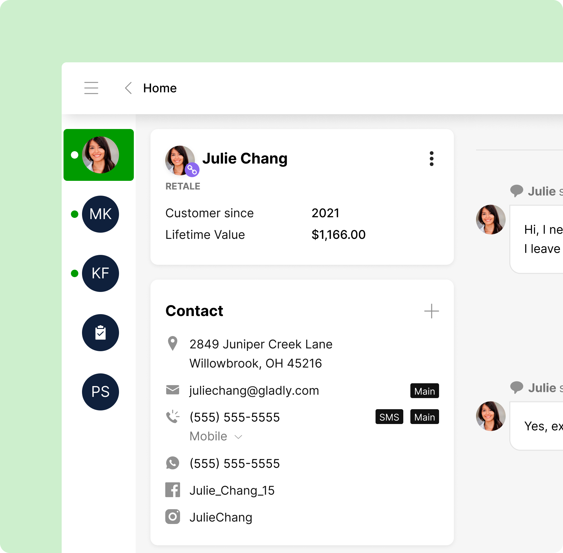 Customer profile dashboard for Julie Chang, showing contact details, customer status since 2021, lifetime value $1,166, and communication history.